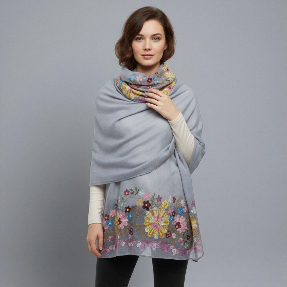 NWT Bijoux Terner Embroidered Floral Border Scarf / Wrap Shawl